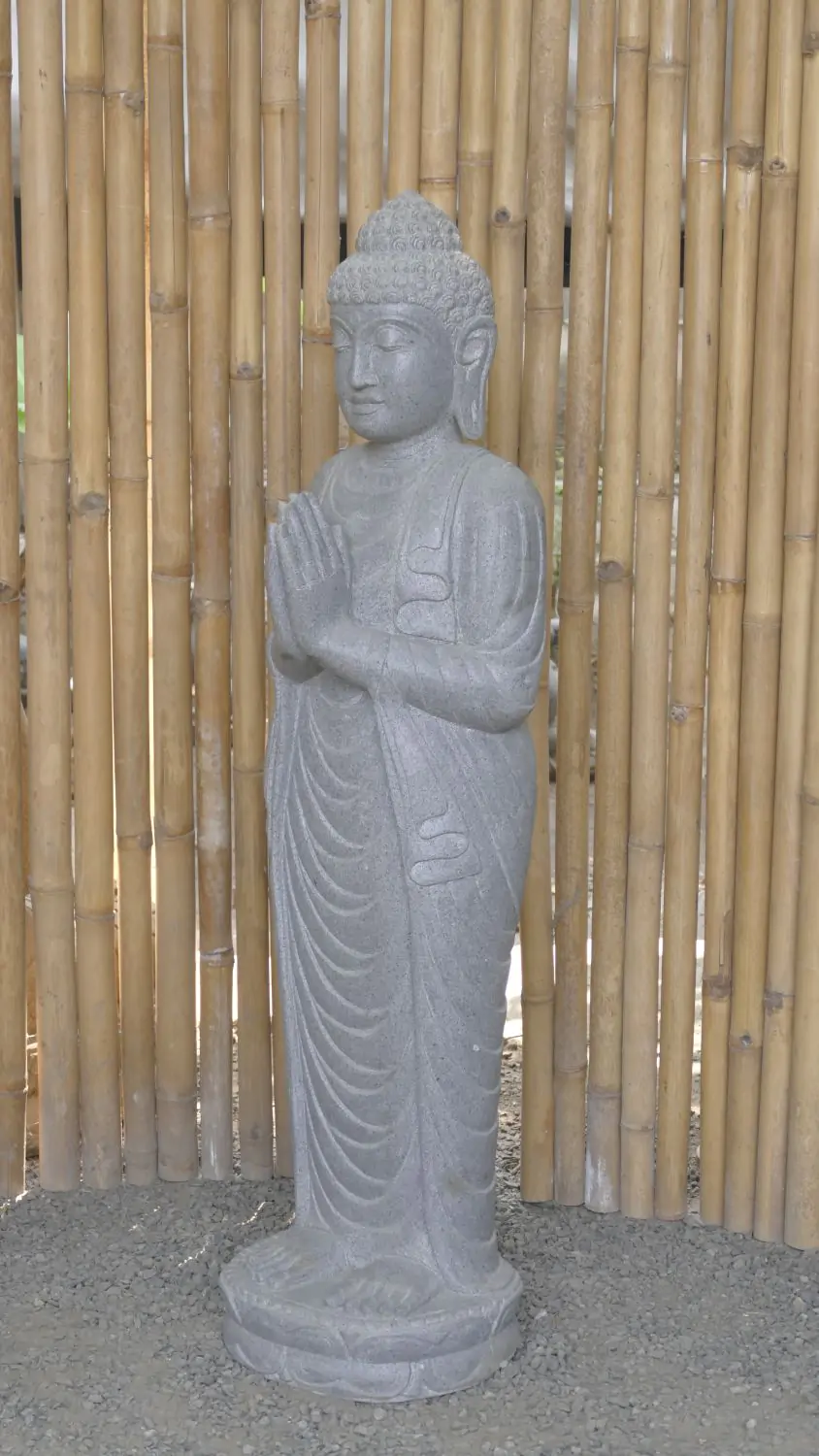  Product image 2 of the product “Standing Buddha made of Riverstone, position Namaskara , H. 118cm. ”